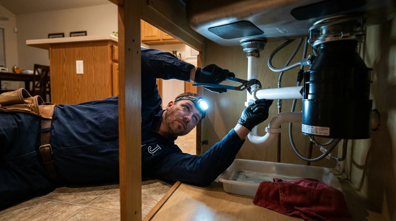 P-trap and supply line connections under a kitchen sink showing a common leak point in Blackville, SC